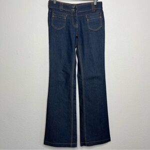 New York And Company Low Rise Flare Leg 70s Groovy Hippie Dark Wash Brown Stitch